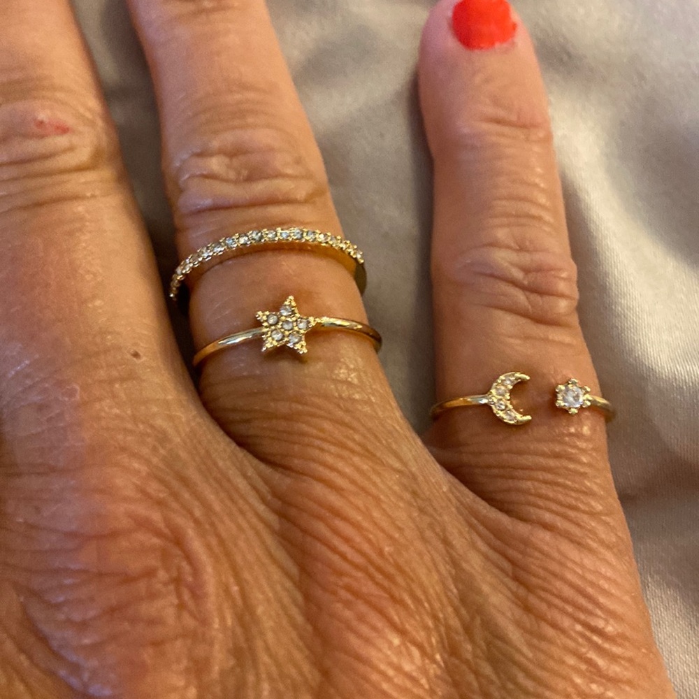 Gold Tone Crystal Moon and Star Ring Set